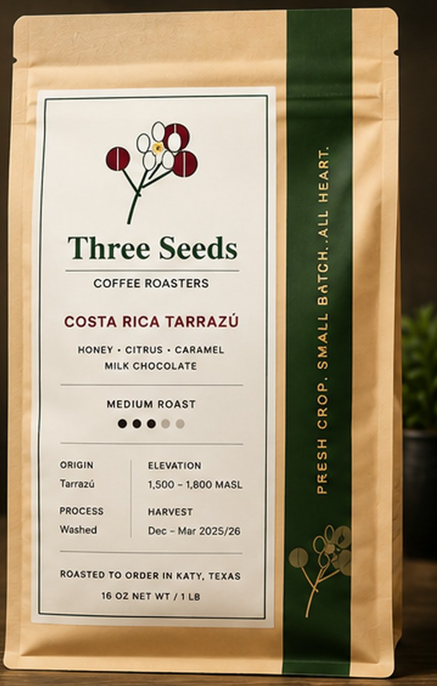 Three Seeds Coffee Roasters Costa Rica Tarrazú retail bag design concept